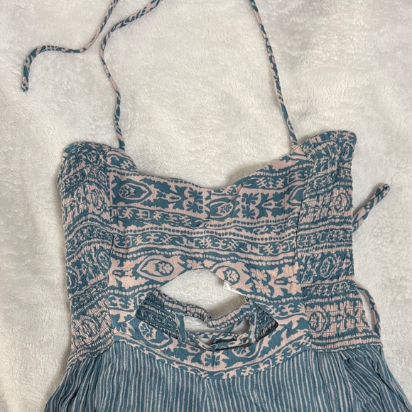 Free People Teal-Blue Printed Halter Wide-Leg Jumpsuit - Picture 3 of 5